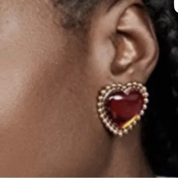 Tory Burch Gold and dark Burgundy logo  Heart Earrings - Picture 3 of 9